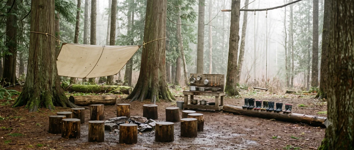 Photo: empty forest classroom after rain, see photos.md #1