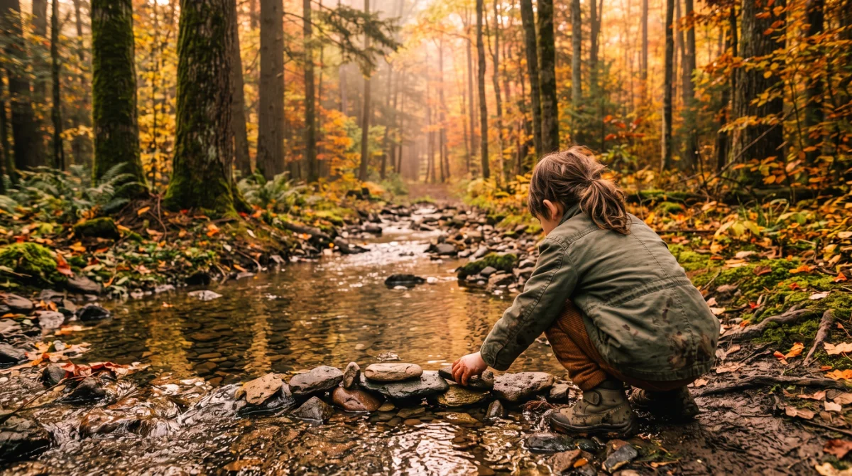 Photo: a child at the creek, seen from behind, morning light