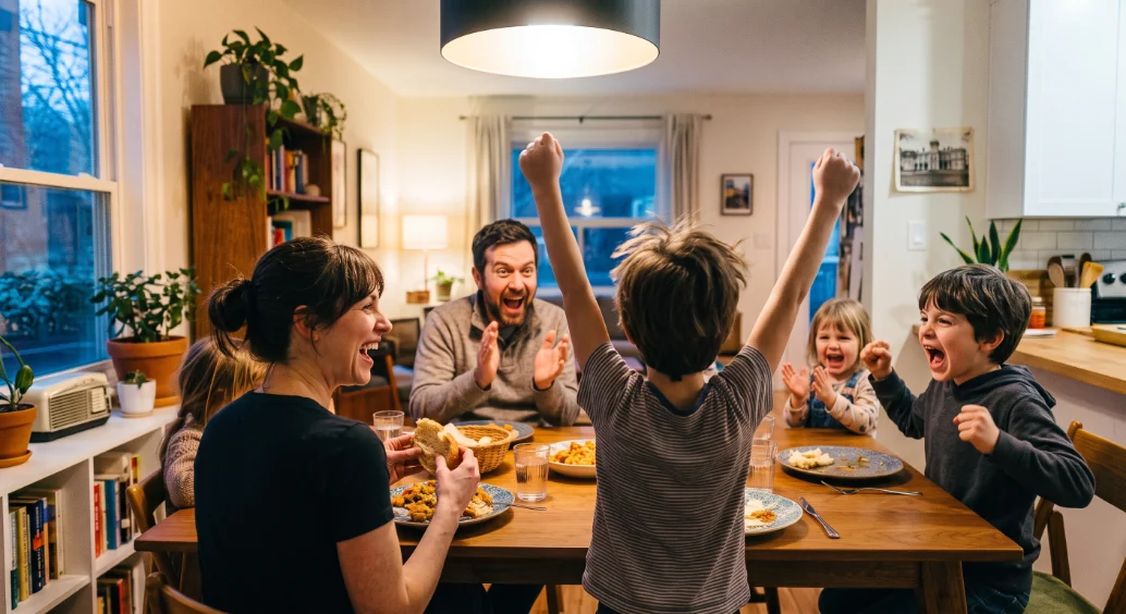 Photo: family at the dinner table, a parent showing a child the story on a phone
