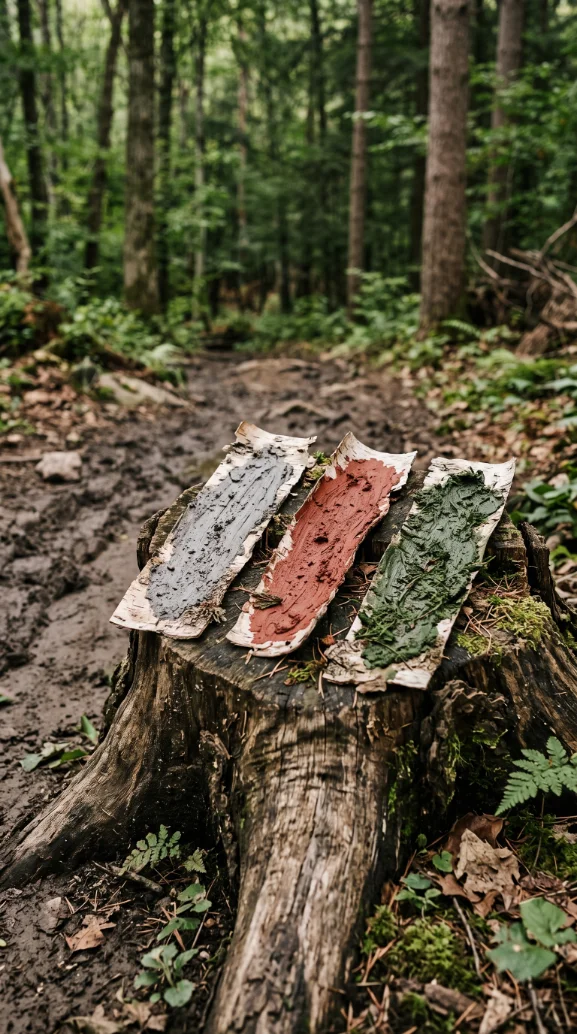 Photo: strips of birch bark painted with grey, red and green mud, on a stump