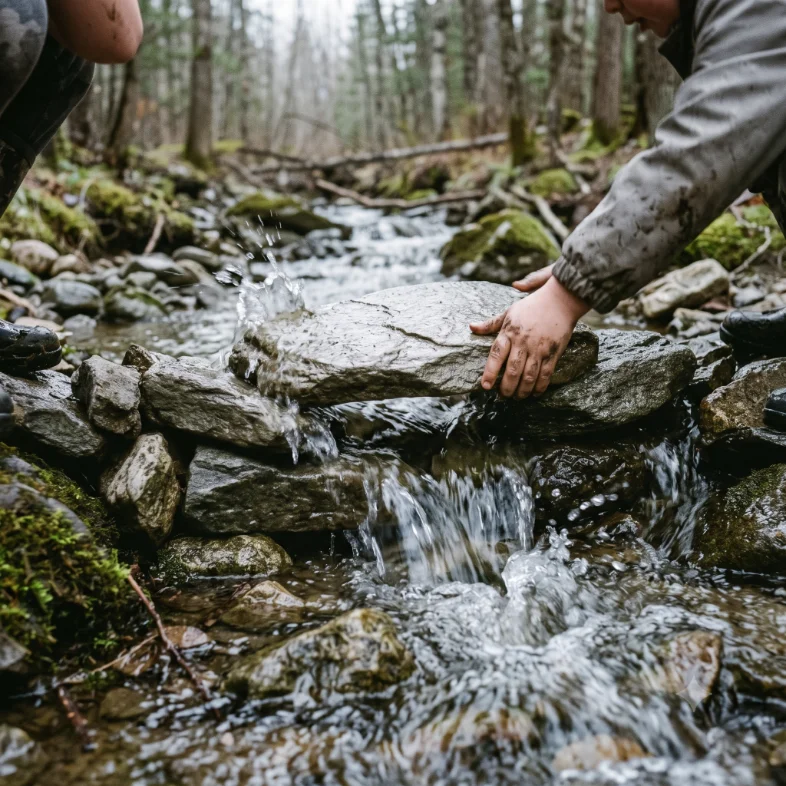 Photo: hands stacking flat creek stones into a low wall