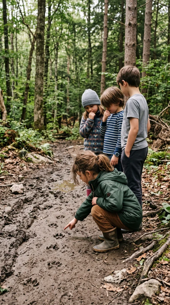Photo: a child crouched by animal tracks in mud, three others listening