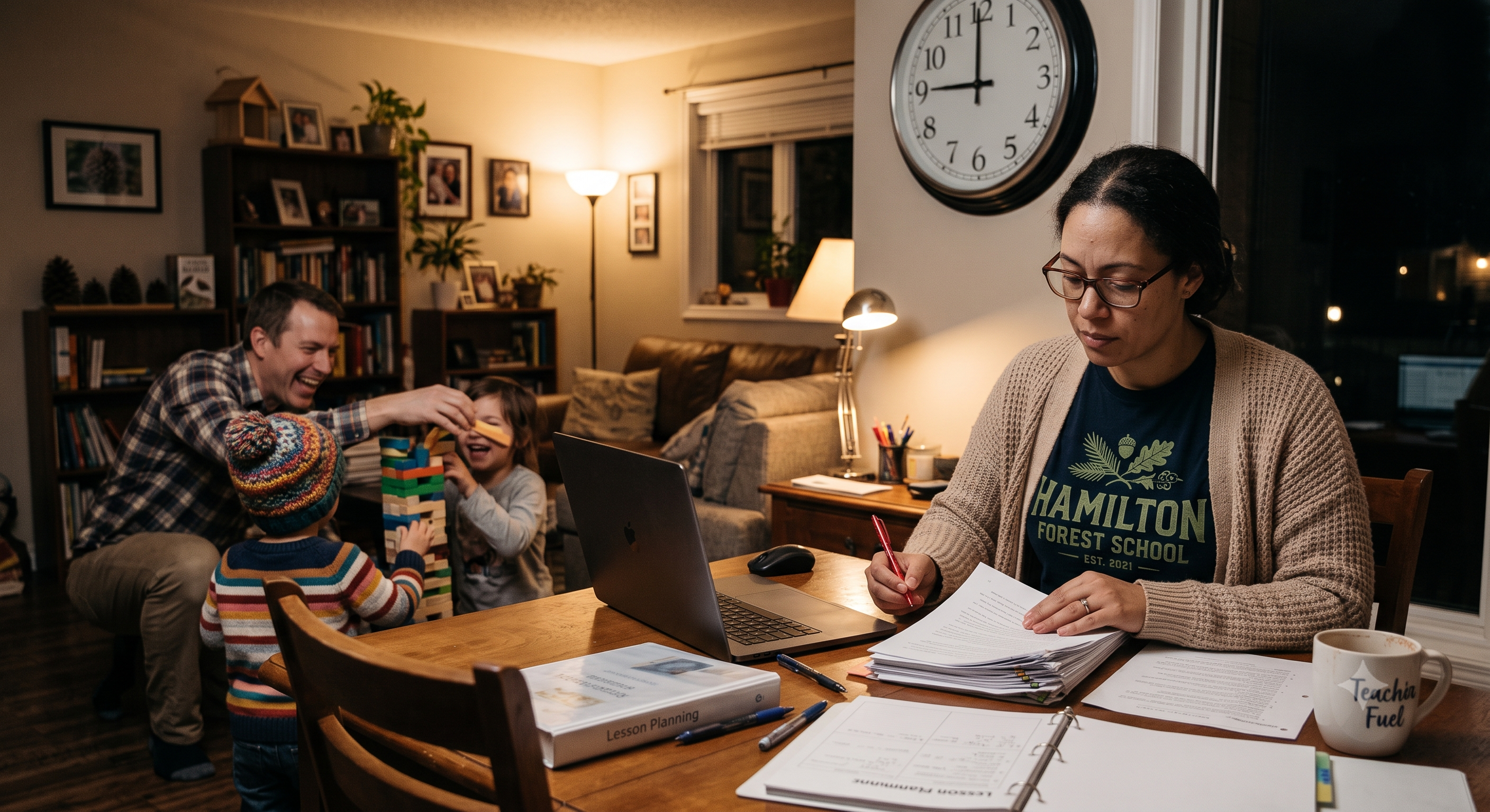 An educator marking up lesson paperwork at the dining table at nine at night while her family plays behind her