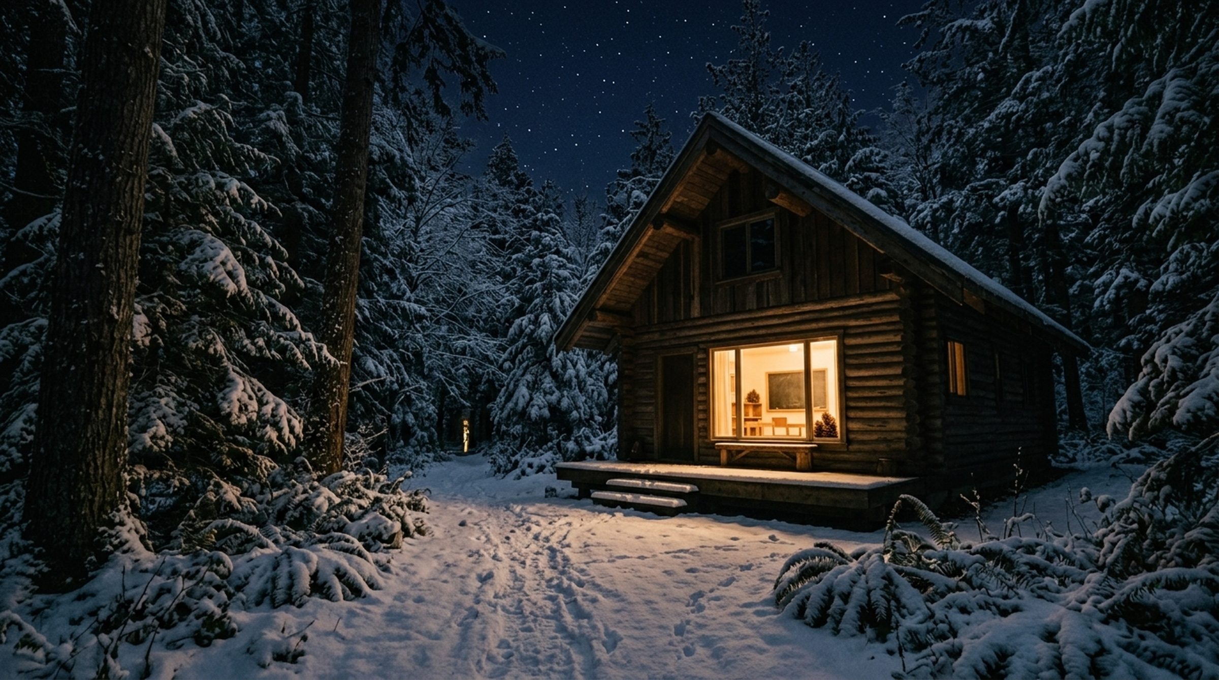 Photo: the school cabin at night, one window lit, snow or dark trees
