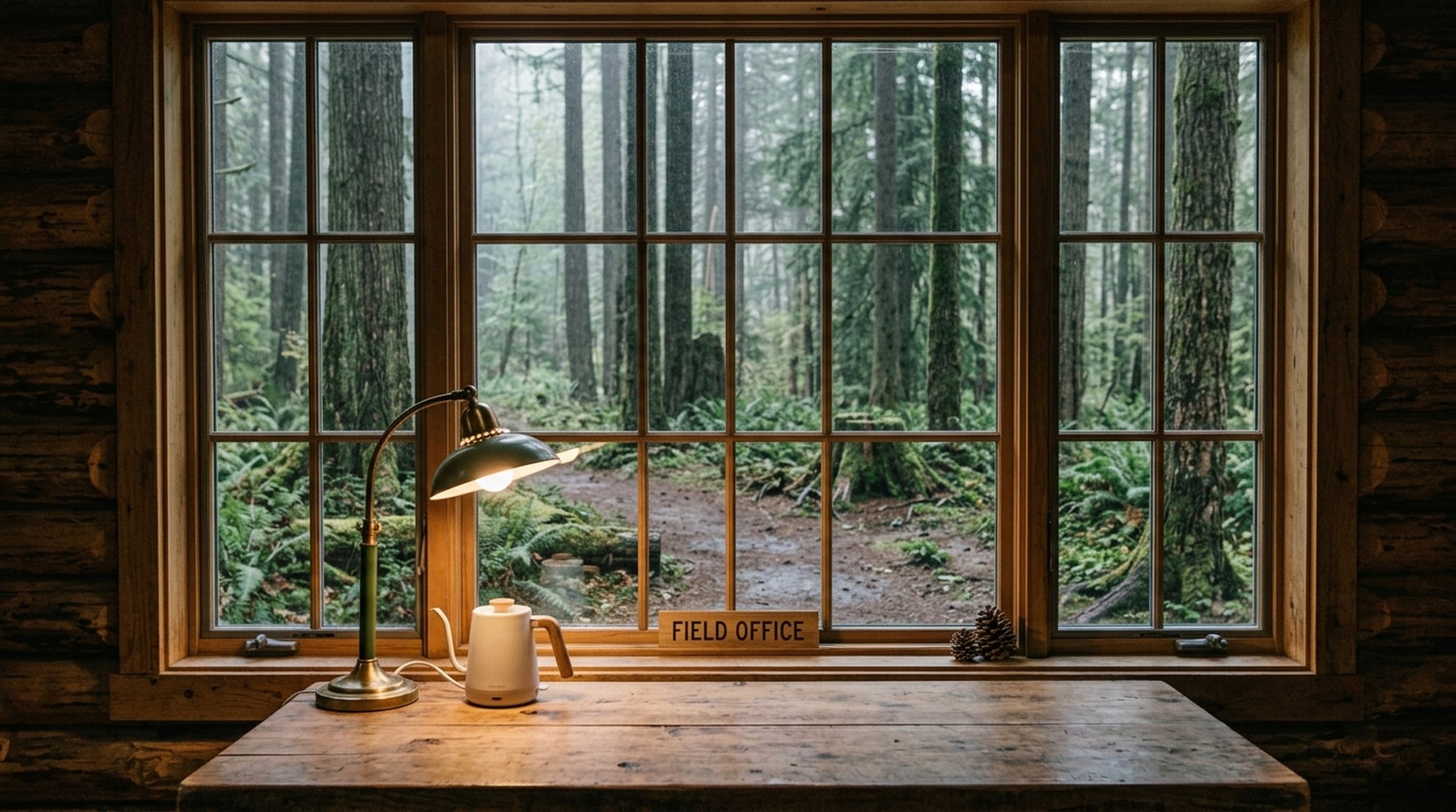 Photo: a small school office, desk lamp, kettle, window onto trees