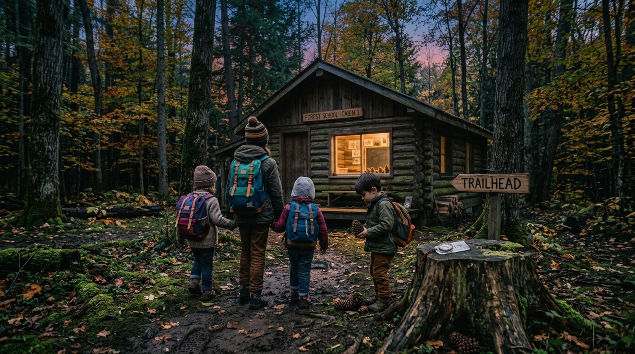 Photo: children arriving at a forest trailhead, early light